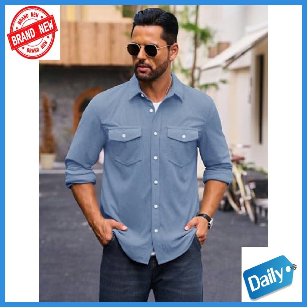 Men's Corduroy Shacket Button Down Long Sleeve Lightweight Overshirt - Picture 3 of 8